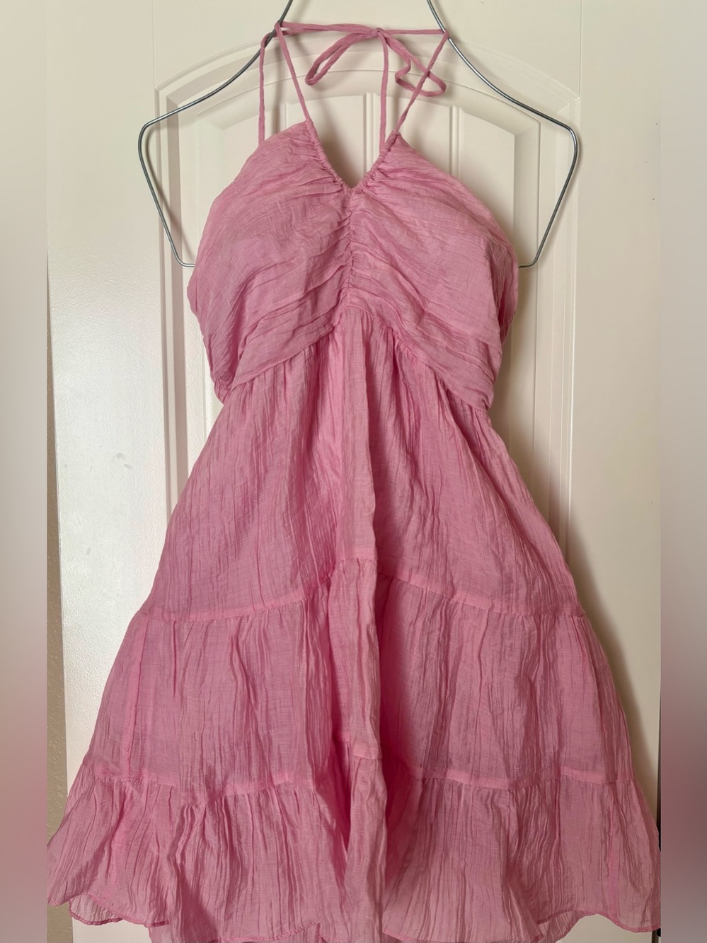 Pink Lily Pink Tiered Halter Mini  Dress Ruched Babydoll Boho Coquette Size M
